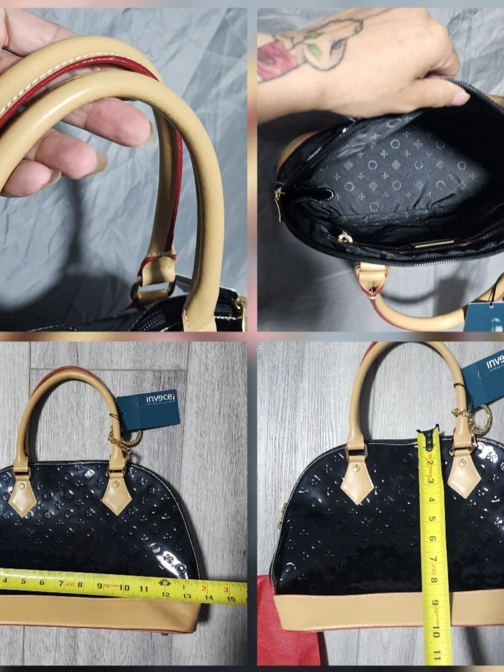 NWT Invece Arcadia Patent Leather Black Dome Handbag Satchel Made In Italy